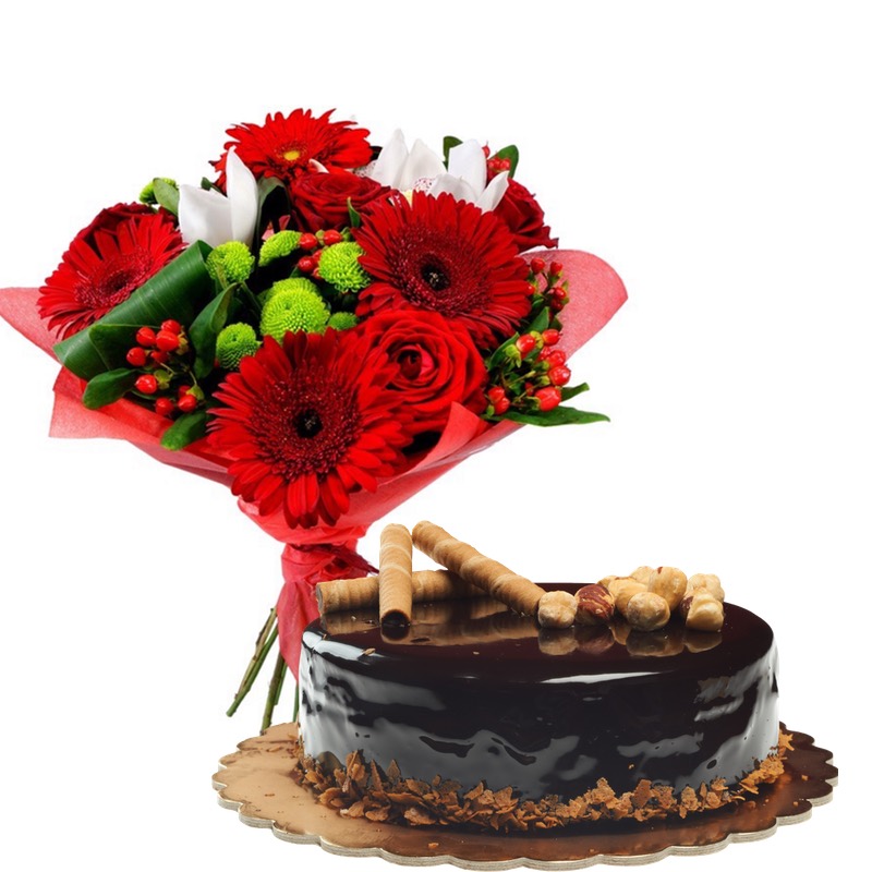 Bouquet and Chocolate Cake